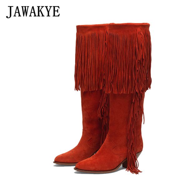 

bohemian fringe tassel boots women pointy toe kitten heels knee high knight boots winter party shoes women botas mujer, Black