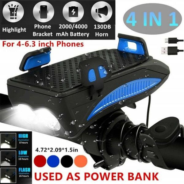 

4 in 1 bicycle light usb rechargeable multi-function led bike head lamp bike horn phone holder mtb cycling front light x101d