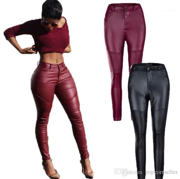 

pleated high waist elastic skinny pants women leather pants womens autumn winter leather pants fashion, Black;white