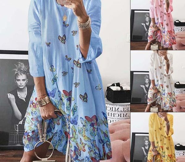

2020 new butterfly print dresses plus size women dress long sleeve loose retro o-neck women clothing street style casual dress, Black;gray