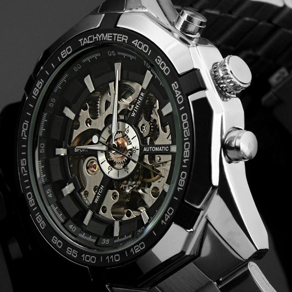 

fashio brand winner mens watches luxury skeleton clock man classic sport watch gift automatic mechanical relogio masculino, Slivery;brown