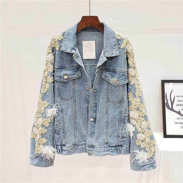 

2020 spring pearl beaded 3d flower embroidery washed blue denim jacket loose plus size women bat sleeves jeans jacket002, Black;brown