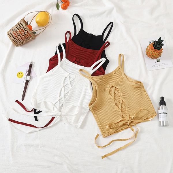 

women's tanks & camis women crop knitted bandage spaghetti club halter tank female bare midriff solid camisole 2021 summer, White