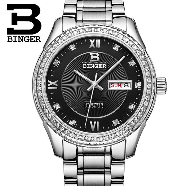 

2020 new binger men watch automatic mechanical watches silver stainless steel strap 30m waterproof couple watches chaton, Slivery;brown