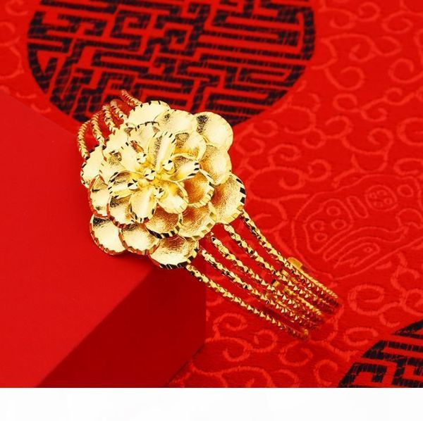 

2018 new brass plate 24k real gold bracelet petals female gold-plated opening imitation gold vietnamese gold bracelet bangle open style, Black