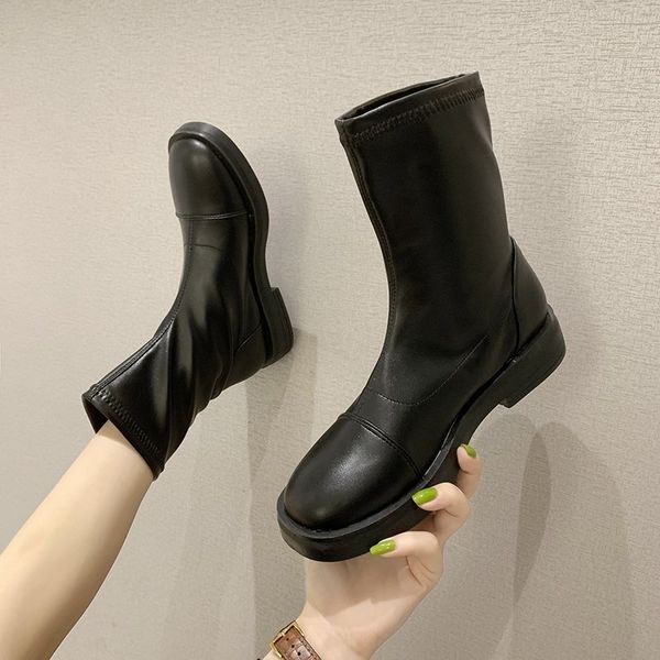 

fashion women boots round head mid-calf warm winter boots for women slip on square low heel black sapatos das mulheres
