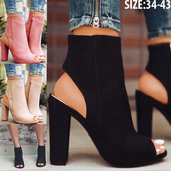 

ankle boots faux suede leather casual open peep toe high heels zipper fashion square rubber black shoes for women plus size 43