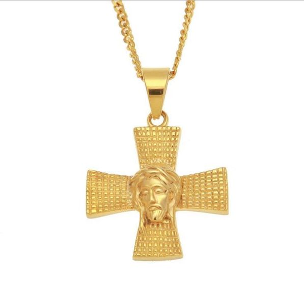 

european and american hip hop gold-plated stainless steel men's cross jesus head pendant necklace iced out chains, Silver