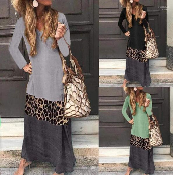 

neck dresses fashion a line mid waist clothes womens leopard contrast color dress autumn ladies panelled v, Black;gray