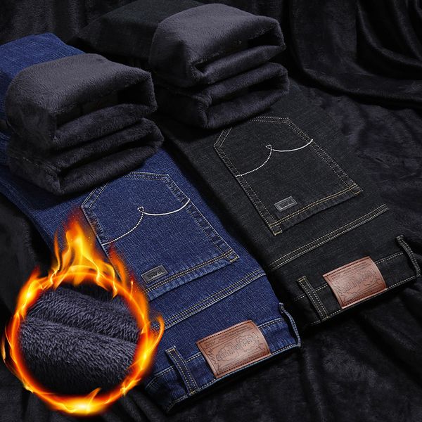 

2020 марка зимой теплый флис мужские джинсы толщиной stretch denim jean прямые брюки мода мужской хлопок брюки мужчин 42, Blue