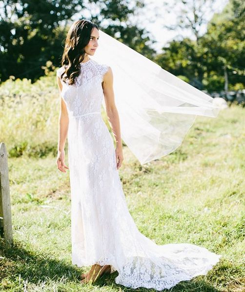 Böhmische Brautkleider aus elfenbeinfarbener Spitze, Brautkleider mit Champagner-Futter, 2021, Vintage-Landhausstil, kurze Flügelärmel, Boho-Strandbrautkleid