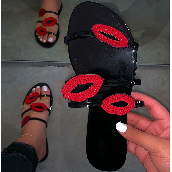 

oeak women's crystal slippers women summer lip flash flat shoes girl pu beach ladies slides fashion female large size, Black