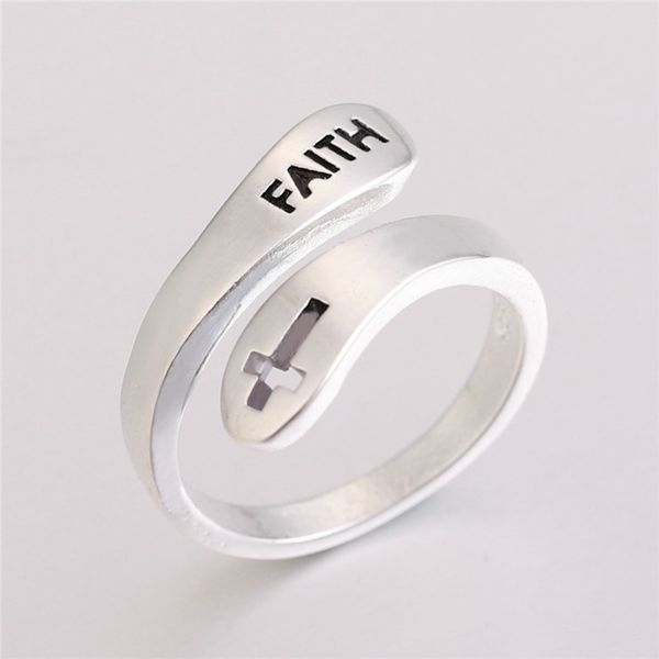 

color charm cross shape faith letter rings for women men adjustable open finger ring believer couple jewelry lovers gift, Golden;silver