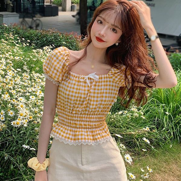 

blouse women plaid square collar puff sleeve sweet short lace puff sleeves xposed navel short shirt blouse blusas, White