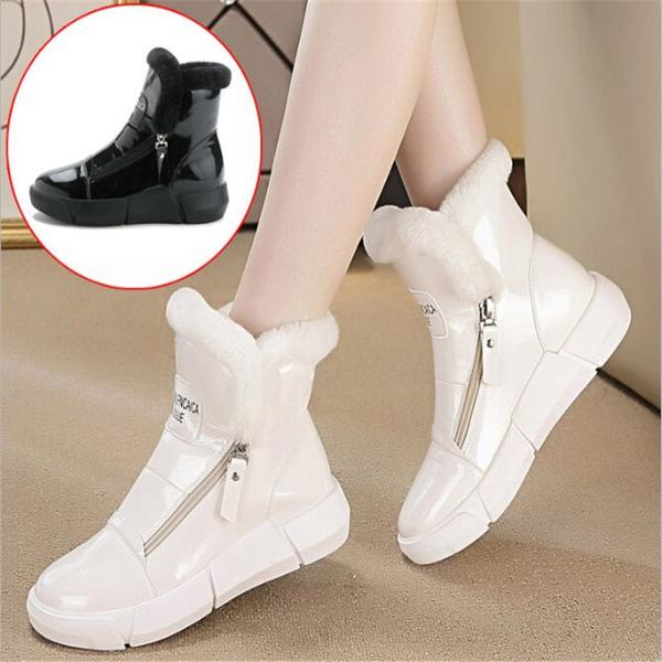 

padegao patent leather waterproof winter ankle boots women's casual flat snow boots plush warm zipper cotton shoes 35-40, Black