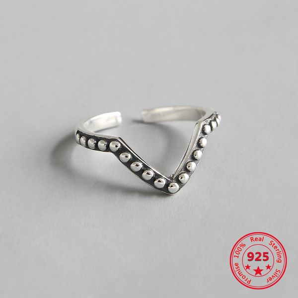 

925 sterling silver ring retro old round beaded letter v-shaped opening female ring personalized silver, Golden;silver