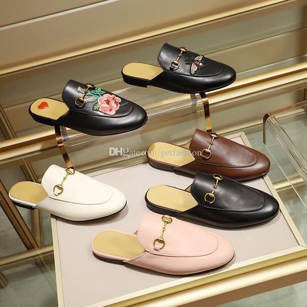 

designer men women designer princetown mules slippers with horsebit trim floral leather fabric lladies casual loafers luxury slides 34-46, Black
