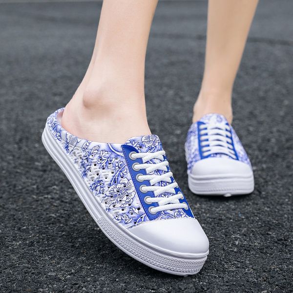 

women's casual slippers sandals blue and white porcelain summer beach shoes lightweight outdoor walking slippers, Black