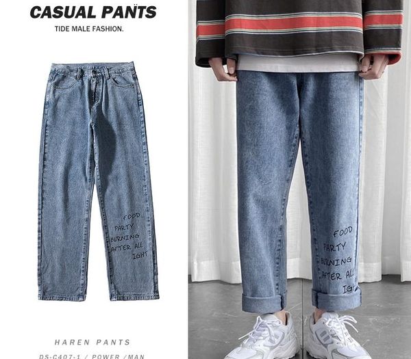 

spring street jeans pants men denim trousers mens plus size loose cowboy overalls fashion causal pants bottoms 5xl, Blue