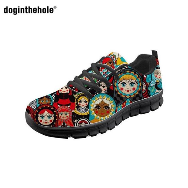 

doginthehole women shoes russian matryoshka print casual mesh lacing ladies flats spring light walking footwear zapatos de mujer, Black