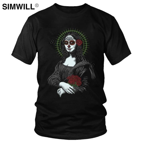 

muerte de mona lisa t-shirt men cotton santa muerte lady of holy death tee short sleeves leisure t shirt oversize skull