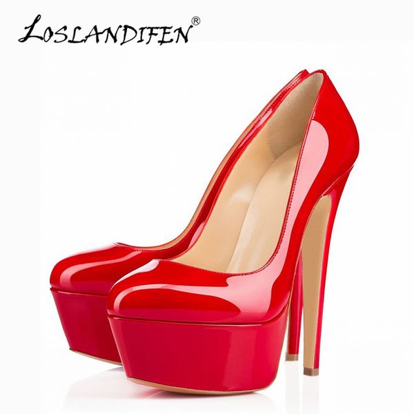 

loslandifen women pumps 14cm super high heels platform shoes patent leather woman wedding party shoes stilettos red 817-9pa, Black