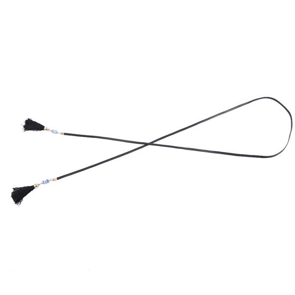 

new thin blue pu leather belt waistband women tassel rope chain belts for women cintos de mujer, Black;brown