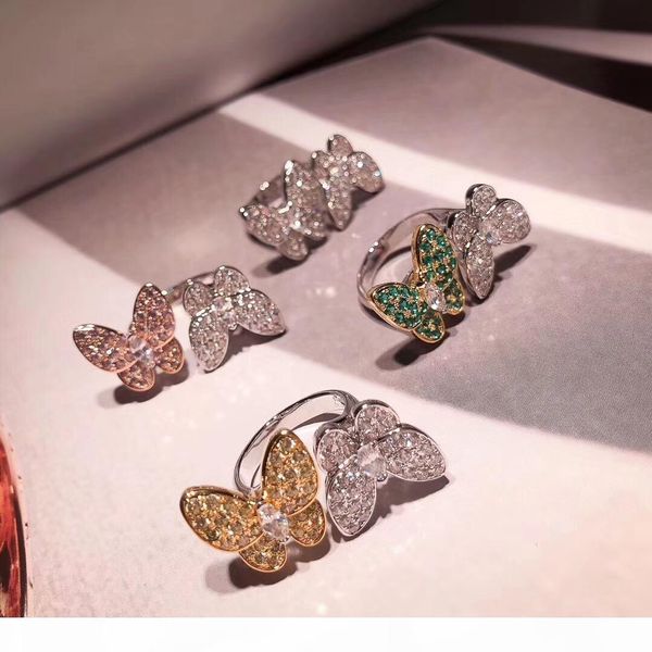 

luxury vintage sterling silver full white pink green yellow crystal double butterfly charm pendant open ring for women fashion jewelry, Golden;silver