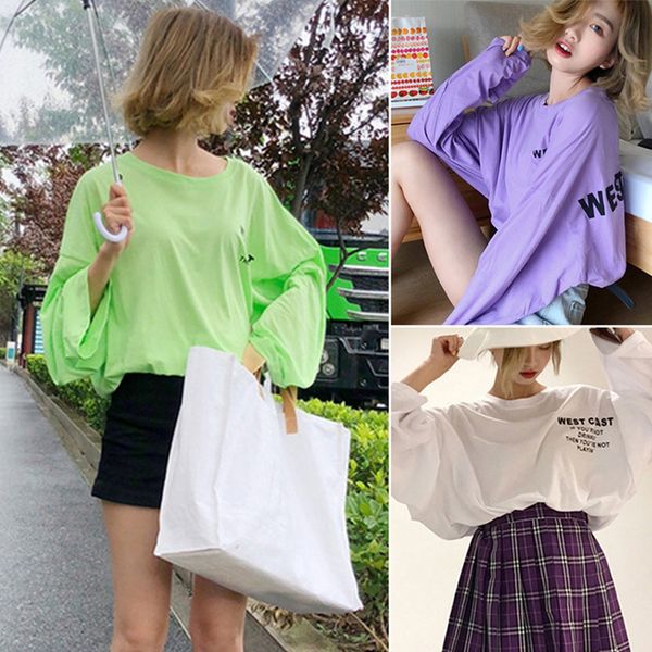 

women's t-shirt round neck letter print fashion wild long sleeve top, White