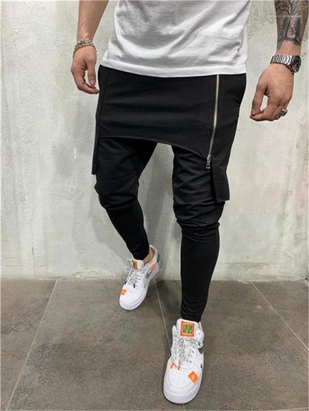 

drawstring zipper solid color mens long pants casual mens clothing mens sports designer pants two layer, Black