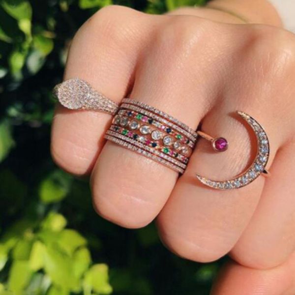 

2020 real 925 sterling silver delicate crescent moon open adjust finger rings with thin cz women girls romantic fashion jewelry, Golden;silver