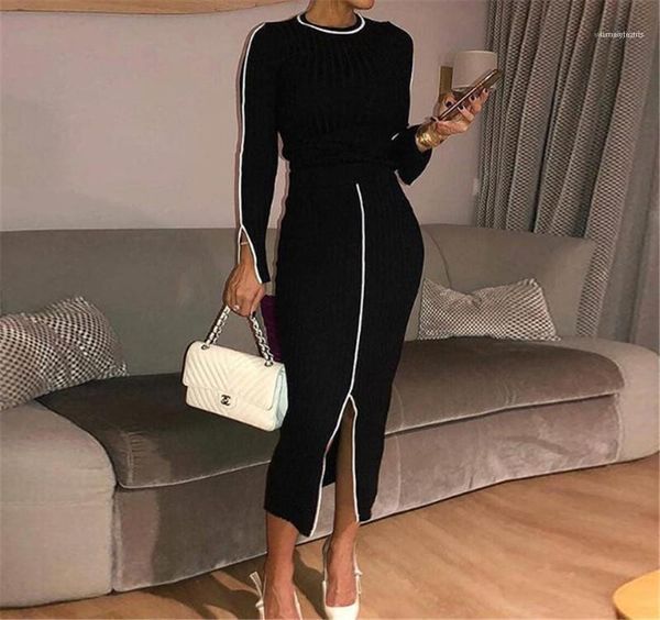 

o шеи длинным рукавом платье карандаш тонкий вскользь платье женский одежда женская лоскутная split bodycon платья осень, Black;gray