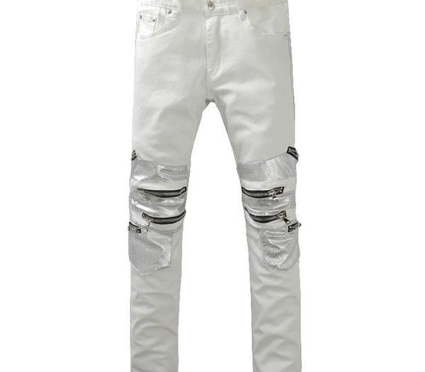 

men's fashion slim white denim biker jeans male casual patchwork zippers denim pants long trousers, Blue