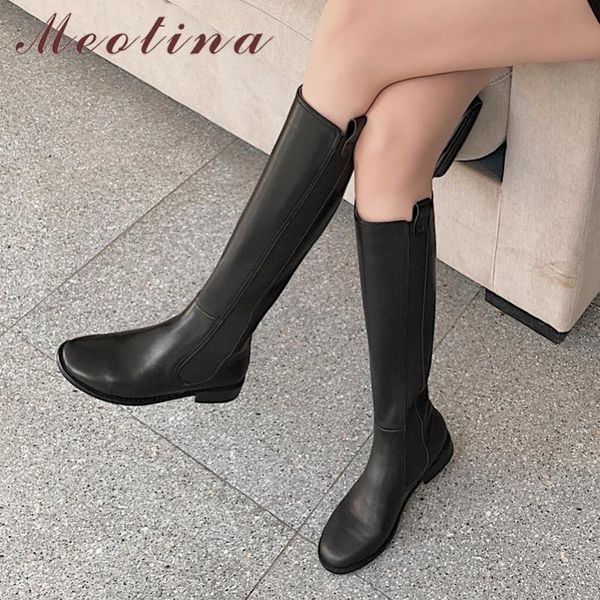 

meotina women riding boots shoes genuine leather mid heel knee high boots metal decoration zip thick heels long black 40