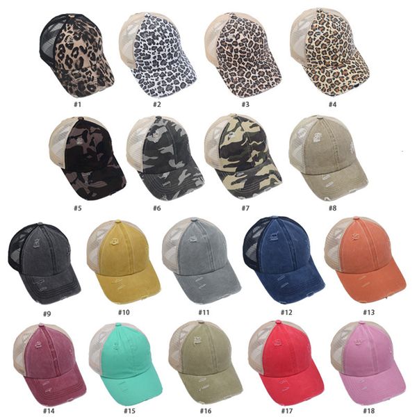 

18 colors washed mesh back leopard camo hollow criss cross ponytail messy bun baseball cap girls trucker hat ljjo8225 l7s7, Blue;gray