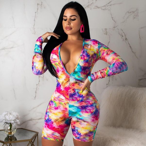 

women jumpsuit v-neck tie dye long sleeve short pants printed slim ladies rompers fashion 2020 c0671, Black;white