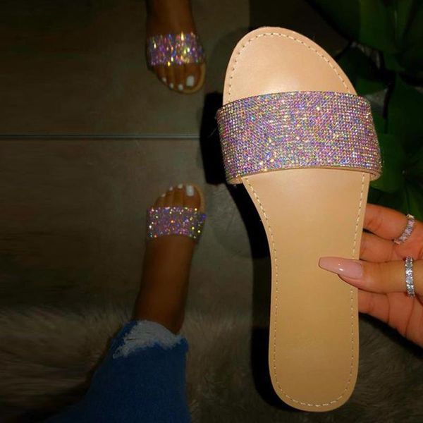 

women rhinestone flat sandals woman open toe slip on shoes 2020 summer fashion bling sandals female casual beach shoes #6.1, Black