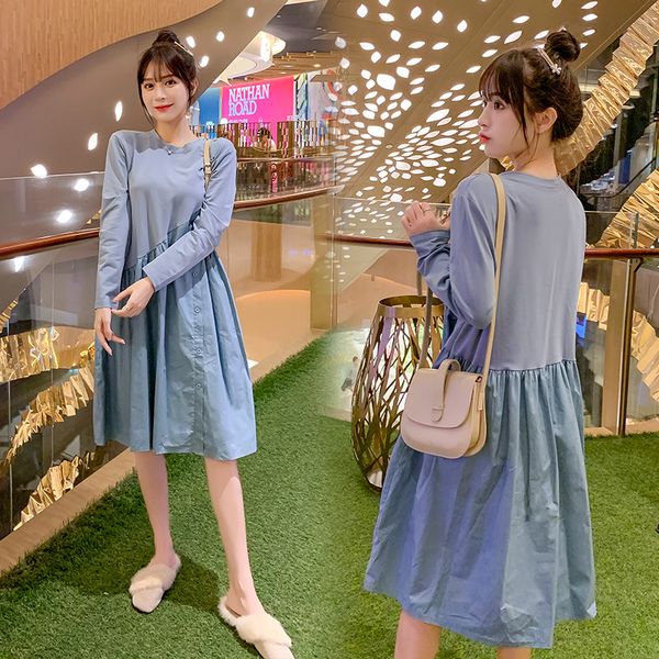 

1827# irregualr patchwork cotton maternity dress spring korean fashion long sleeve loose clothes for pregnant women pregnancy, White