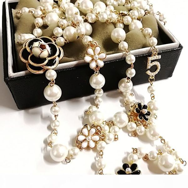 

mimiyagu long simulated pearl necklace for women no.5 double layer collane lunghe donna camelia maxi necklace party, Golden;silver