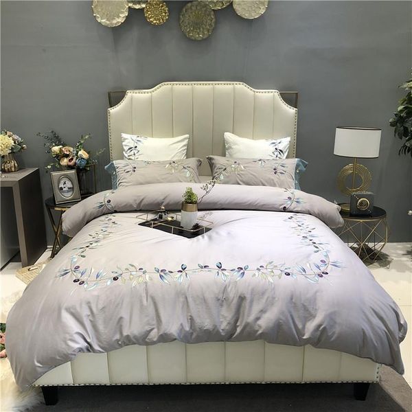 

chic floral leaves embroidery gray grey duvet cover with zipper j/6 piece ultra soft 600tc egyptian cotton bedding set bed sheet