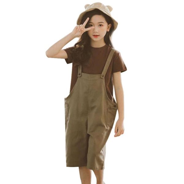 

2020 kids clothes girl loose jumpsuit + t shirt 2 pcs girls clothing short sleeve girls suit spring summer casual suit for, White