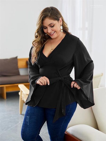 

цвет белл рукава tshirt женская одежда женская дизайнерская плюс размер top casual сыпучие талии lace-up top summer solid, White