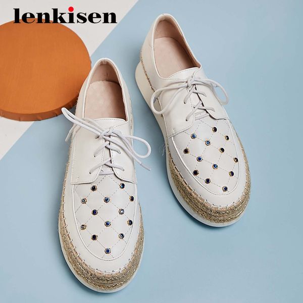 

lenkisen korean girls cow leather rhinestone wedges platform straw round toe high heel lace up elegant lady cozy women pumps l27, Black