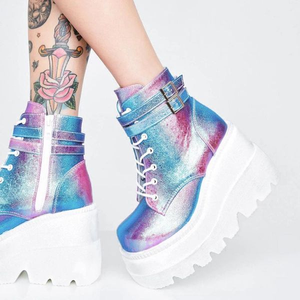 

fashion wedge boots women ankle boots fashion multicolor women's zip up platform boot ladies chunky shoes with thick soles#0813, Black