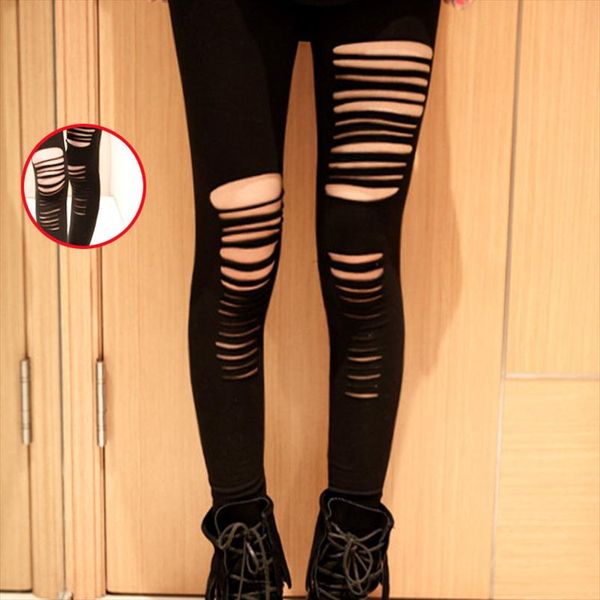 

women stretched fabric knitted ripped skinny leggings lady casual hole leggings girl party club hip hop disco pants, Black