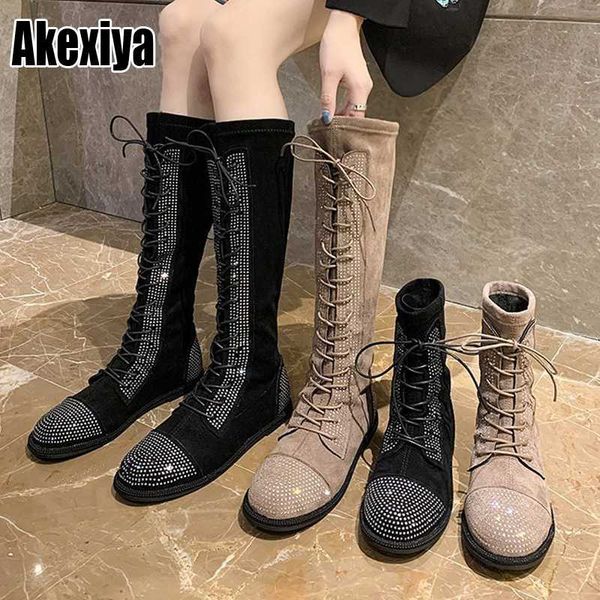 

boots fashion knee-high women autumn rhinestone flat for thick heel black khaki stretch botas p170