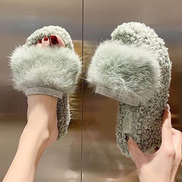 

wedges rhinestones hair slippers women pantufa fur muffins shoes women flip flops cozy furry crystal platform slides 2020, Black