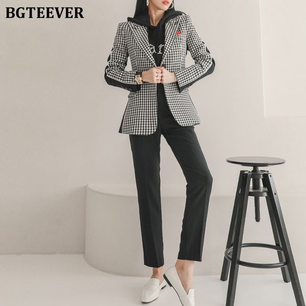 

bgteever stylish patchwork women pant suits one button slim houndstooth jacket & high waist pencil pants 2020 autumn blazer set, White