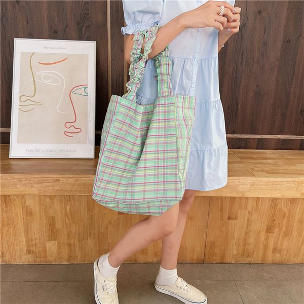 

fashion design plaid ladies shoulder bags candy colour large capacity women portable handbags girls beach school bag casual tote