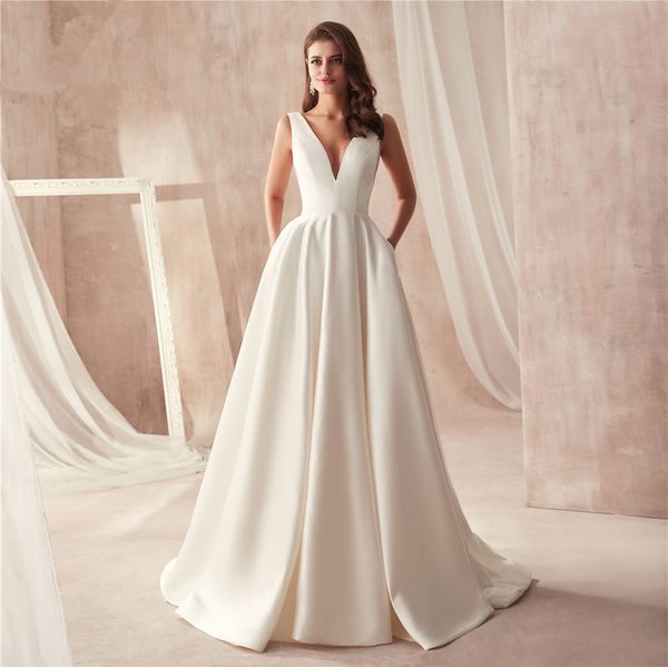 

new famous design satin wedding dress with pocket v-neck cutout side open back bridal dress pocket vestido longo de festa, White